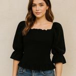 Ann Taylor Black Velvet Corduroy Ruched Bodice Coquette 3/4 Sleeve Top XL Photo 0