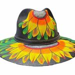 HAT MEXICAN Artisanal Hand Painted Fedora Sunflower Sombrero Panama Bohon Black Photo 2