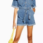 Topshop ‎ Short Sleeve Belted Cotton Denim Romper in Blue Size 4 Photo 0