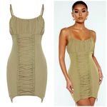 Pretty Little Thing Olive Khaki Ruched Lace Up Bodycon Mini Dress Size 12 Photo 1