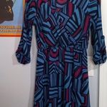 Everly Blue & Fuchsia Graphic Block Print Roll Up Sleeve Pull On Mini Dress Photo 13