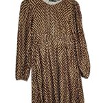 ZARA Brown & Tan Zigzag Stripe Geometric Long Sleeve Crinkle Mini Dress Medium Photo 0