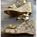 Coach Women’s Size 7 Wedge Sandals Peep For Patent Leather Navy Blue Khaki Cc Photo 10