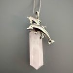 Sterling Silver Dolphin Necklace Rose Quartz  Pendant Necklace Healing Stone VTG Photo 2