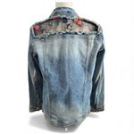 Arizona Jeans Arizona Jean Company Distressed Blue Denim Jacket Floral Lace Inserts Size M Photo 2