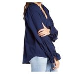 Free People  We The Free Alpine Denim Top Medium Cotton Tiered Bell Sleeve Blue Photo 10