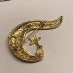 Crescent Moon With Sleeping Hat & Dangling Star Brooch Pin Gold Tone Rhinestone Photo 8