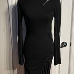Pam & Gela Vintage Y2K Asymmetric Ruched Cutout Zip Details Sheath Long Sleeve Scoop Neck Knee-Length Dress Draped Bodycon Whimsygoth Grunge Emo Rave LBD Apocalyptic Underground Photo 0