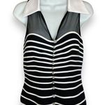 Cache Caché Top Collared Striped Rhinestone Buttons Sleeveless Black White Sz 6 Blouse Photo 0