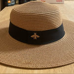 WOMENS WOVEN GOLD BEE STRAW BOATERS HAT, WIDE BRIM, LIGHTWEIGHT, FLAT TOP; OS Black Photo 0