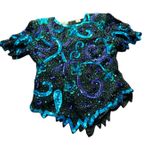 Vintage Lawrence Kazar Beaded Sequin Top Turquoise Purple Embellished Party Black Size L Photo 0