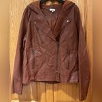 Tobi Vegan Faux Leather Hooded Motorcycle Moto Zippered Brown Jacket Size Small Photo 9