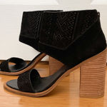 Kelsi Dagger Black Leather Suede Open Toe Strap Cuff Heels 9 Geometric Pattern Photo 0