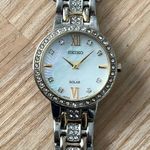 Seiko Solar Ladies Watch Crystal Embellishments Pearl Dial Two-Tone Bracelet Photo 3