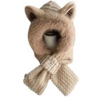 Tan Plush Hooded Scarf Hat With Animal Ears – Faux Fur Winter Wrap Tan Photo 2