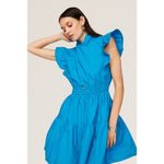 Line and Dot Blue Ruffle Cap Sleeve Mock Neck A-Line Poplin Mini Dress Size Large Photo 3