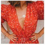 ZARA Red Floral Blouse XS Puff Sleeve Peplum Rhinestone Belt 4786/284 Coquette Photo 7