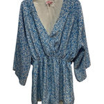 Pink Lily  Blue White Leaf Print Kimono Sleeve Romper Shorts Elastic Waist L Photo 0