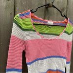 Hippie Rose Y2K Rainbow Crochet Striped Flare Bell Crop Sleeves Lettuce Hem Sweater Small Photo 1