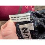 Button Down blouse abstract pattern black blue purple yellow kitten bow Size M Photo 10