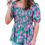 JODIFL 🌸 Peplum Smock Top | Green & Pink Floral | Size M | Flirty & Fun! 🌿🌷 Photo 0