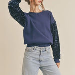Lush Clothing Lush‎ | Round Neck Sequin Sleeve Sweater in Blue Medium Photo 0
