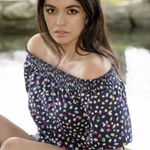 J.Crew Smocked Neck Off the Shoulder Top in Ratti Happy Cat Rainbow Spot Print Photo 4