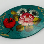 Vintage Hand Painted Floral Wooden Brooch Oval Signed Verkuyg Folk Art Photo 0