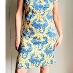 Vintage 90s Toile Print summer Dress Sheath Blue Yellow Size Medium Knee Demure Photo 5