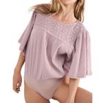 Free People  Lavender Smocked Embroidered Bodysuit Size L‎ Boho Flutter Sleeve Photo 1