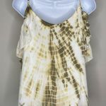 Tiare Hawaii Fluttery Cold Shoulder Ruffle Sleeves Top Size Medium Green/Cream Photo 3