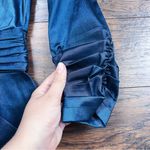 Tadashi Shoji TADASHI • Stretch Taffeta Blouse teal blue ruched sleeve tie waist wing collar Photo 5