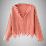 Zaful Cropped Sweater Distressed Frayed V-Collar Loose Fit Orangepink/Coral XL Photo 0