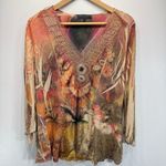 3/4 Sleeve Floral Print Top w Mesh Trimmed V Neckline & Beaded Medallions Bleu Size L Photo 1