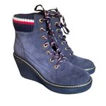 Tommy Hilfiger  Navy Wedge Suede Leather Ankle Twsolenne Bootie Heel Boots Size 6 Photo 6