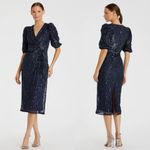 Mac Duggal 5578 Navy Sequined V-Neck Short
Puff Sleeve Midi Dress NWT Photo 1