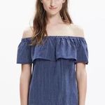 Madewell Navy Blue Silk Satin Balcony Off the Shoulder Top Blouse Ruffle, Size S Photo 0