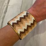 Neutral Chevron Mosaic Gold Tone Chunky Cuff Bracelet Brown Photo 3
