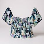 Roxy  Smocked Puff Sleeve Crop Top Large Tropical Leaf Print Boho Festival‎ Photo 5