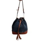 Dooney & Bourke  Navy Suede Bucket Bag Brown Leather Drawstring Tassel Photo 3