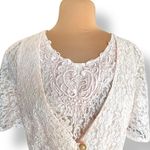 Vintage Pastel Pink Lace Floral Dress Pearl Buttons Back Tie Detail Short Sleeve Size L Photo 5