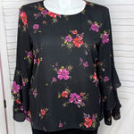 Worthington  Floral Tiered Ruffle Bell Sleeve Blouse Black Pink‎ Large Photo 0