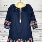 Mello Day NWT Size S Navy Blue Boho Embroidered Keyhole Tassel Tie Sheath Dress Photo 1