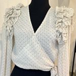 VICI Size XS Cream Polka Dot Chiffon Ruffle Shoulder Wrap Blouse Cropped Unique Photo 2