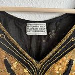 Vintage 70s Gold Black Silk Sequin Beaded Butterfly Boho Disco V Neck Drape Top Photo 5
