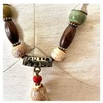 Brown green and red long ceramic beaded tribal pendant necklace on cord Photo 8