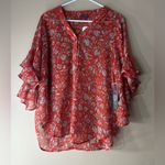 Vince Camuto Flutter Sleeve Henley Blouse in the "Passion Fruit" Photo 2