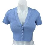 ZARA Women's Blue Rib Knit Short Sleeve V-neck Button Crop Sweater Shirt Top M Photo 0