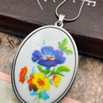 Vintage Floral Cameo Pendant Necklace | Large Oval Statement Blue Photo 0