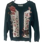 Shenanigans Vintage 90s Women's Size Medium Rose Floral Crochet Green Sweater Black Photo 0